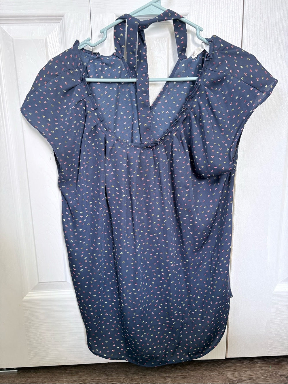 LC Lauren Conrad Navy Micro Floral Tie-Neck Cap Sleeve Blouse